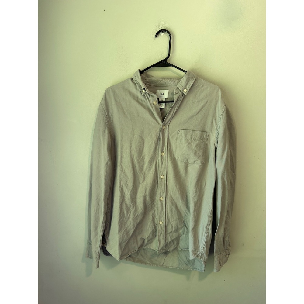 HM Mens Regular Fit Long Sleeve Button Down Shirt Gray Green Size M
